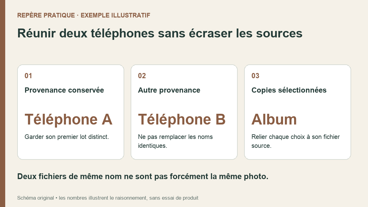 Trois cartes montrent deux dossiers de téléphones distincts puis un album commun composé de copies sélectionnées.